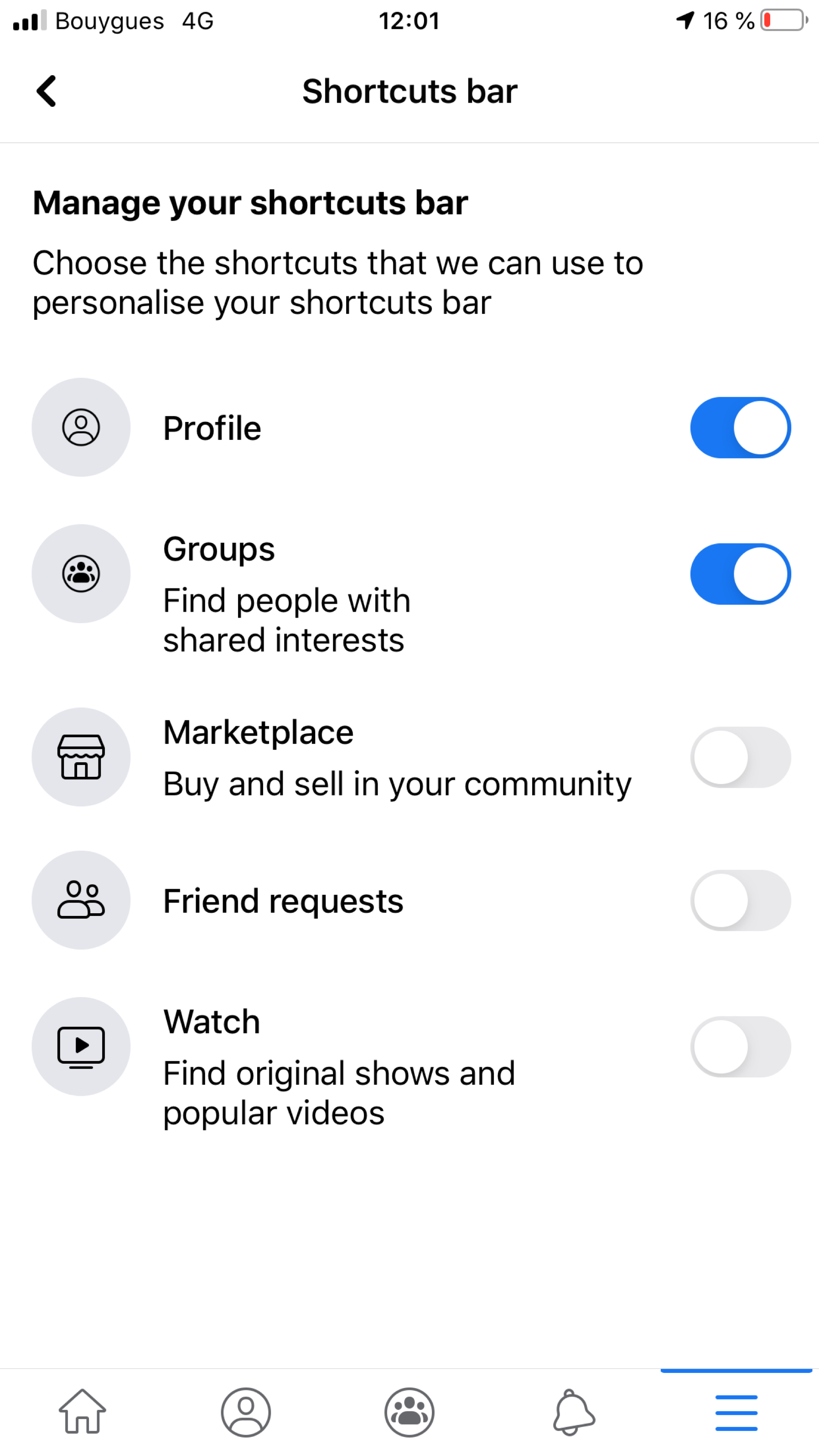 facebook app shortcut bar